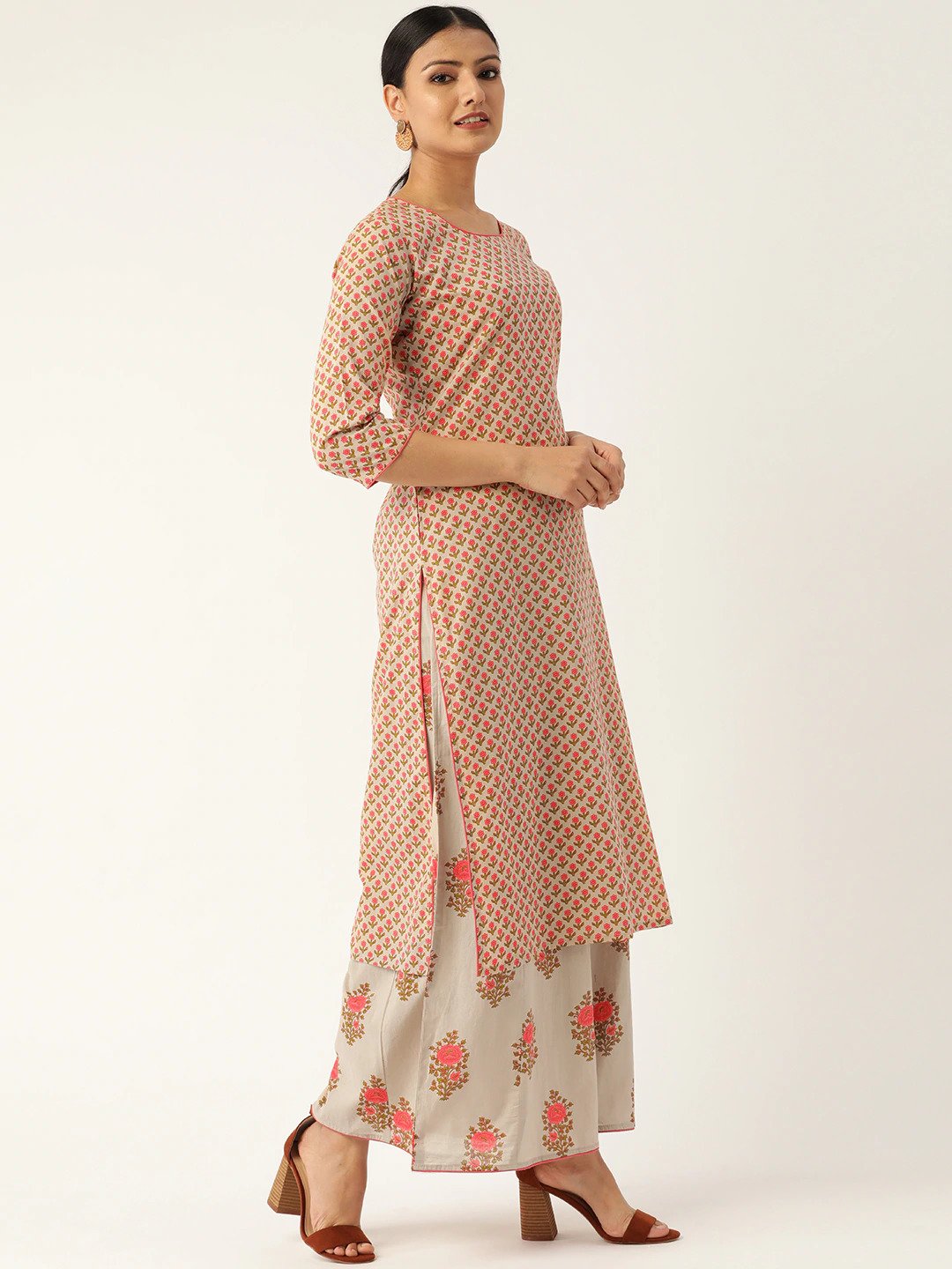 Women Beige & Pink Printed Kurta With Palazzos | LASVINI - Redefining Indian Fashion with Elegance
