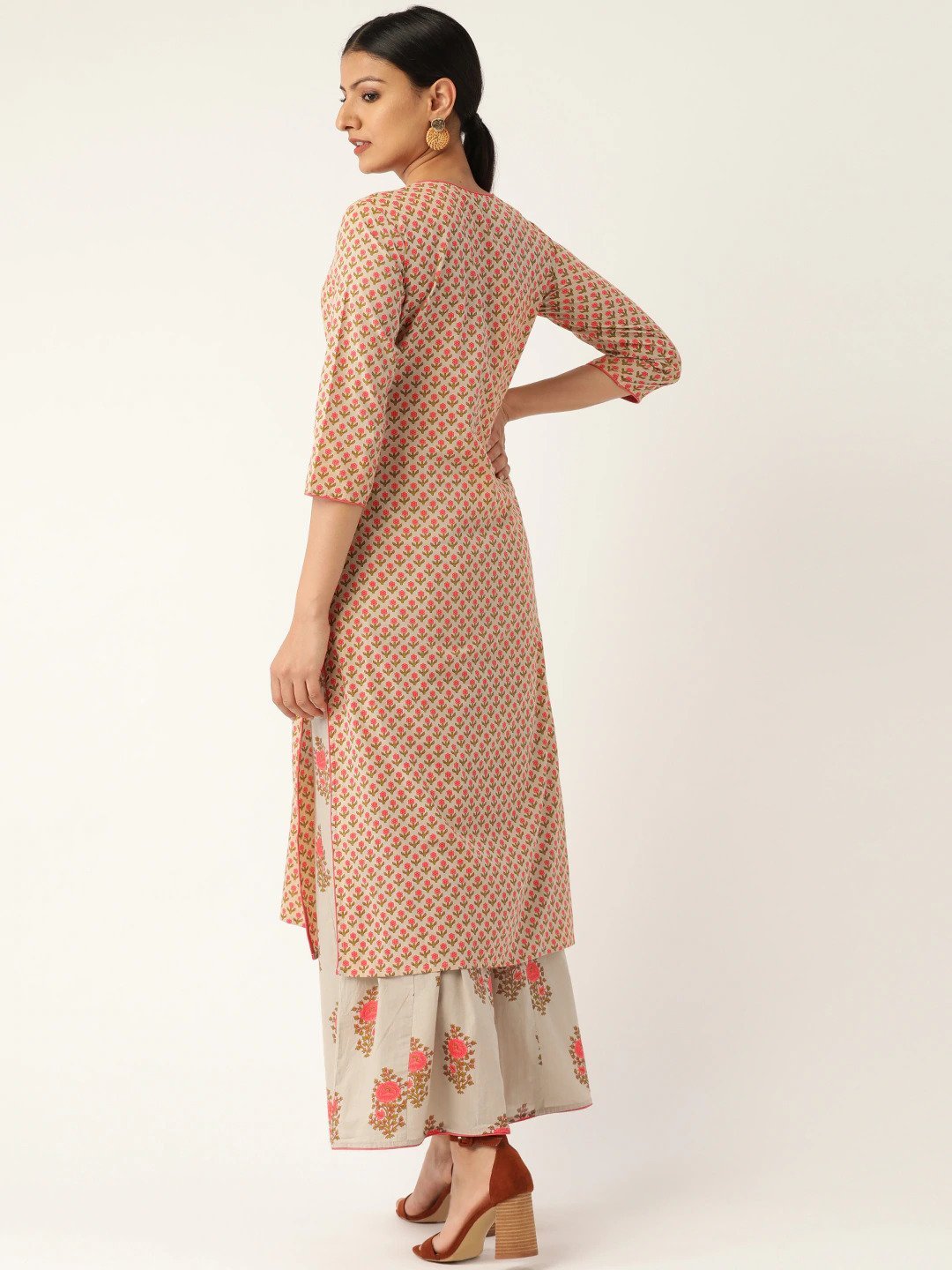 Women Beige & Pink Printed Kurta With Palazzos | LASVINI - Redefining Indian Fashion with Elegance