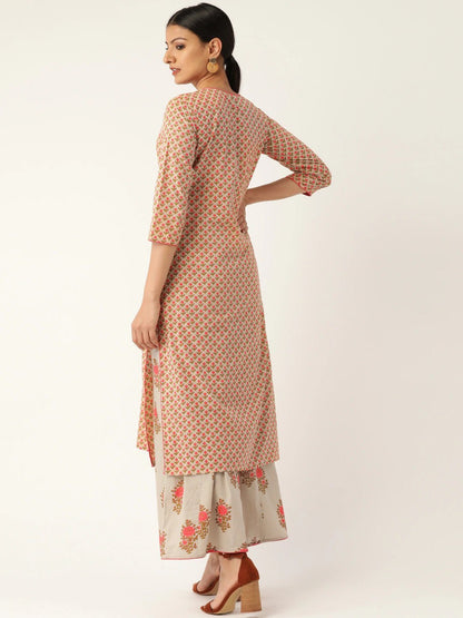 Women Beige & Pink Printed Kurta With Palazzos | LASVINI - Redefining Indian Fashion with Elegance