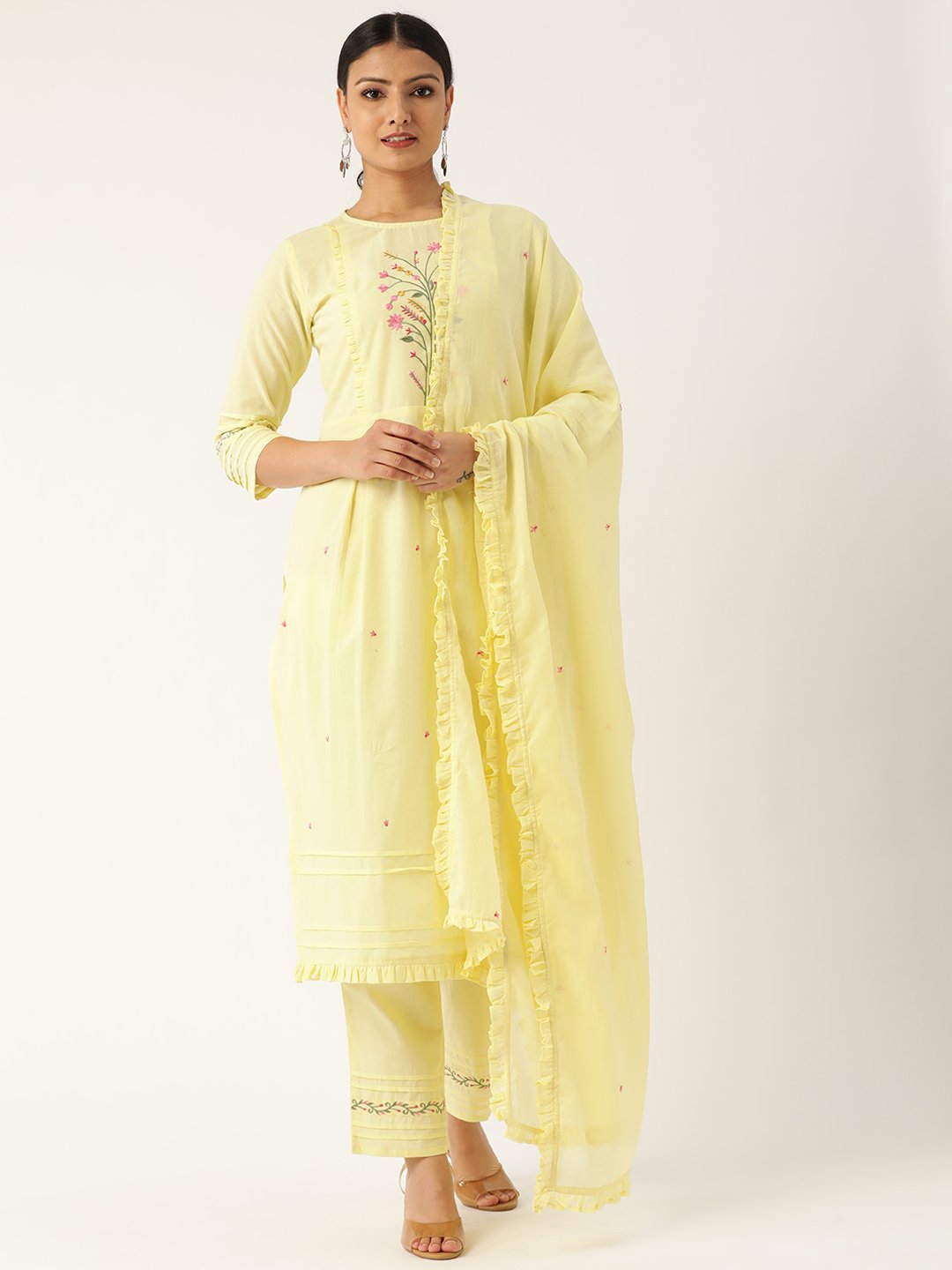 Women Yellow & Pink Embroidered Kurta With Palazzos & Dupatta | LASVINI - Redefining Indian Fashion with Elegance