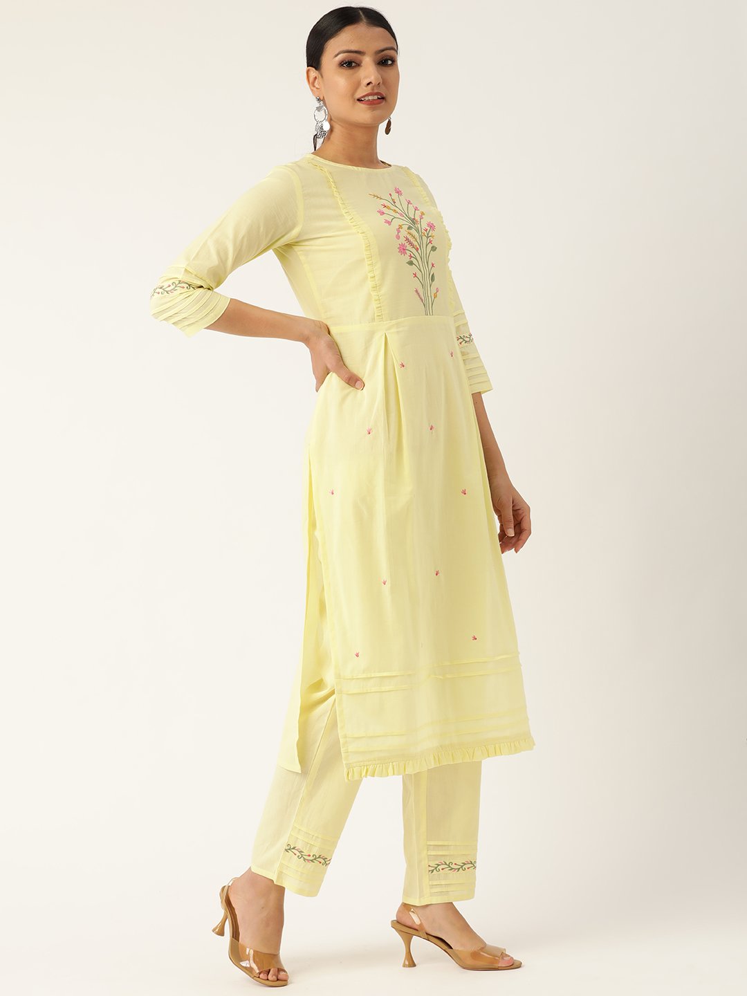 Women Yellow & Pink Embroidered Kurta With Palazzos & Dupatta | LASVINI - Redefining Indian Fashion with Elegance