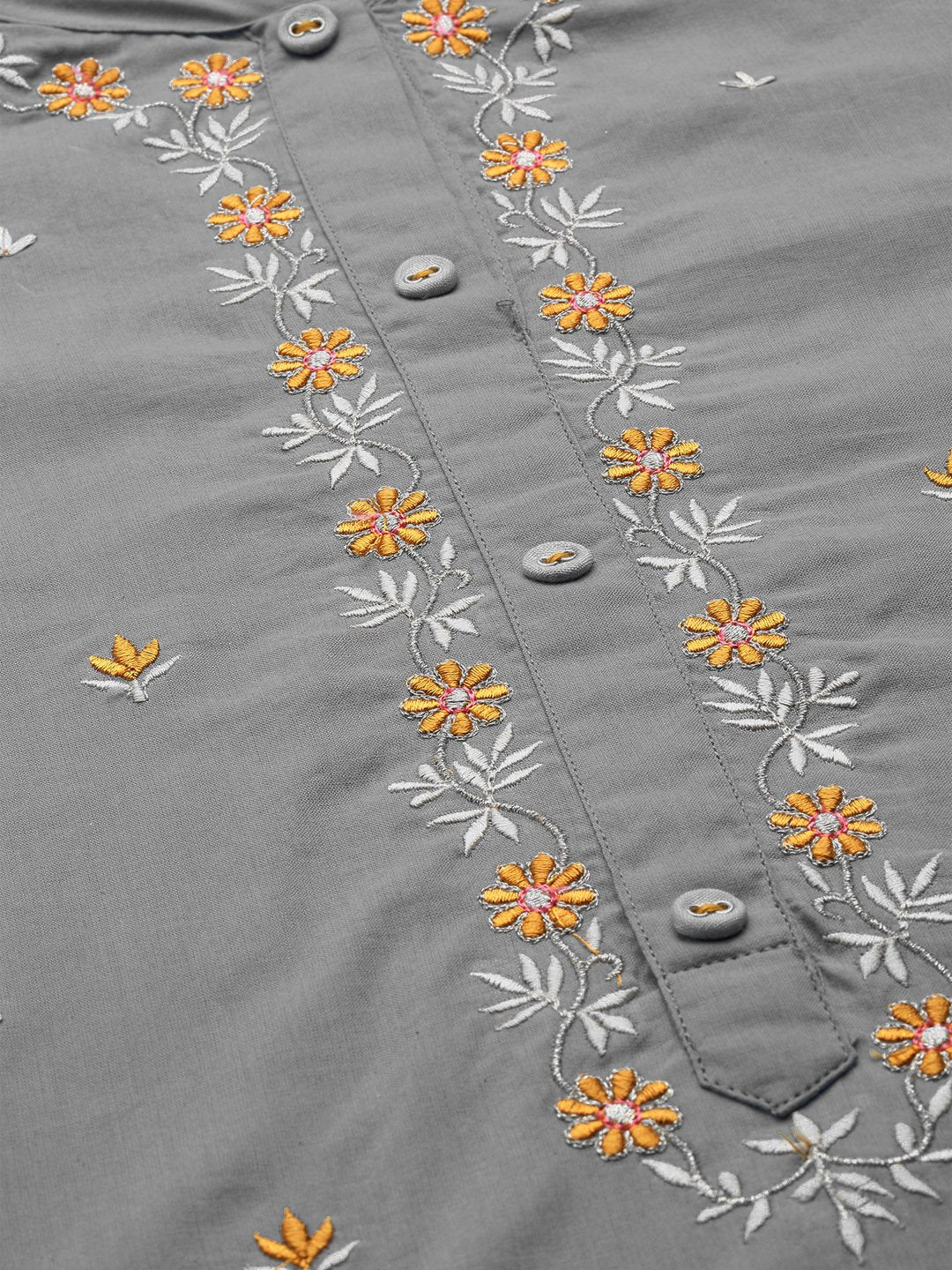 Women Grey & Orange Embroidered Kurta With Trousers & Dupatta | LASVINI - Redefining Indian Fashion with Elegance
