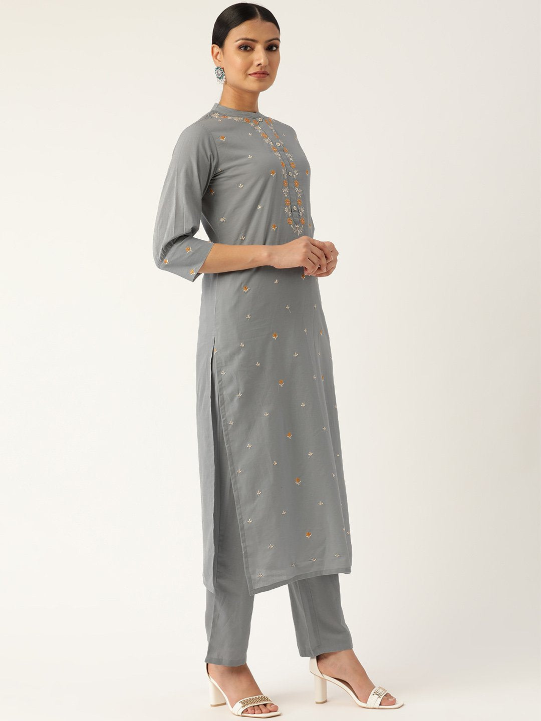 Women Grey & Orange Embroidered Kurta With Trousers & Dupatta | LASVINI - Redefining Indian Fashion with Elegance