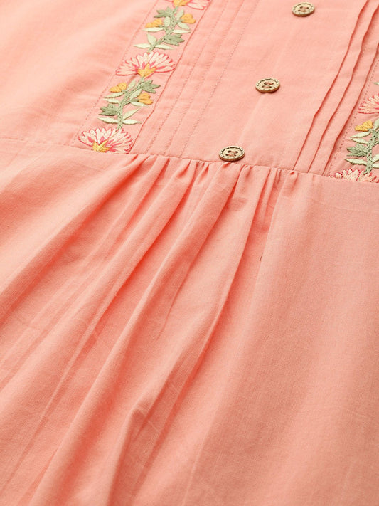 Women Peach-Coloured Embroidered Kurta With Palazzos & Dupatta | LASVINI - Redefining Indian Fashion with Elegance