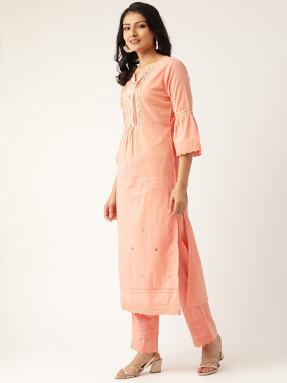 Women Peach-Coloured Embroidered Kurta With Palazzos & Dupatta | LASVINI - Redefining Indian Fashion with Elegance