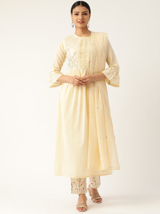 Women Cream-Coloured Yoke Design Kurta With Palazzos & Dupatta | LASVINI - Redefining Indian Fashion with Elegance