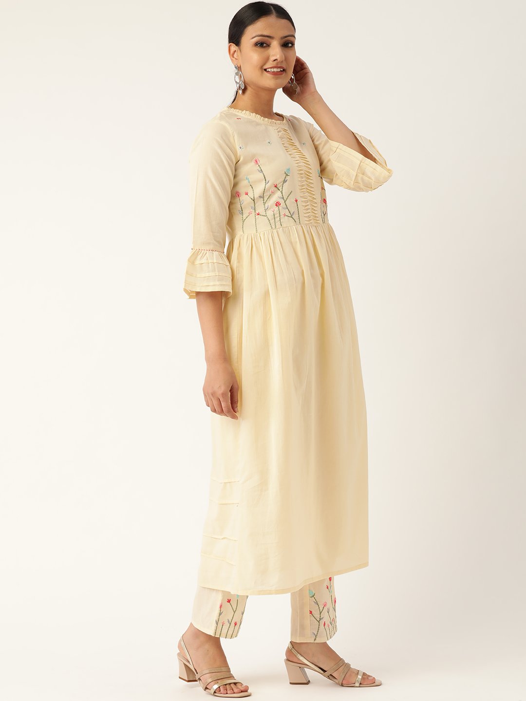 Women Cream-Coloured Yoke Design Kurta With Palazzos & Dupatta | LASVINI - Redefining Indian Fashion with Elegance