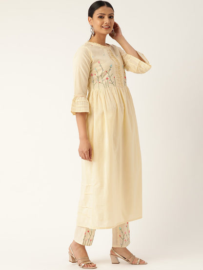 Women Cream-Coloured Yoke Design Kurta With Palazzos & Dupatta | LASVINI - Redefining Indian Fashion with Elegance