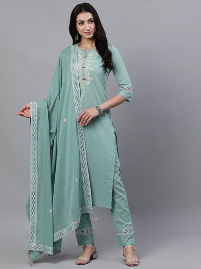 Women Sage Green Three-Quarter Sleeves Straight Kurta Palazzo With Dupatta | LASVINI - Redefining Indian Fashion with Elegance
