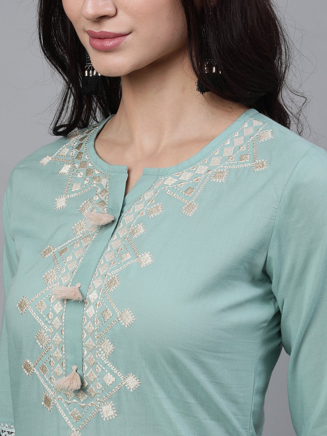 Women Sage Green Three-Quarter Sleeves Straight Kurta Palazzo With Dupatta | LASVINI - Redefining Indian Fashion with Elegance