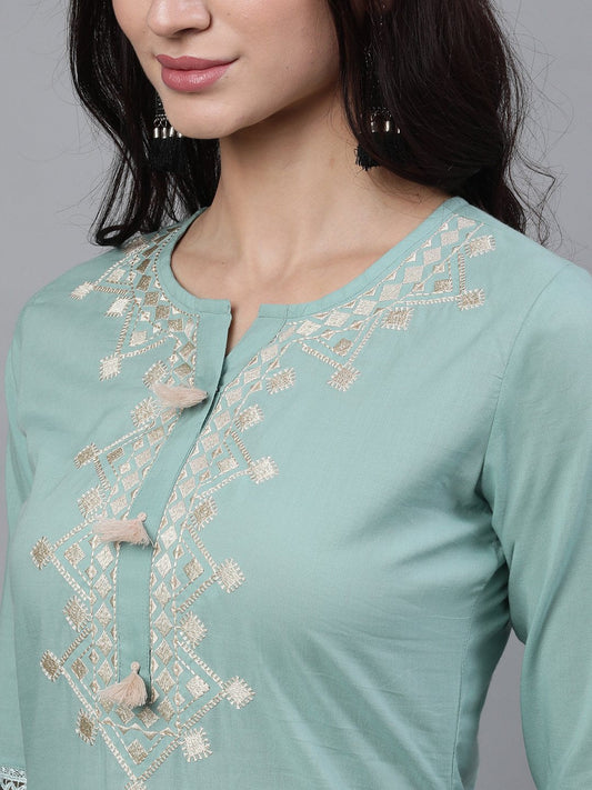 Women Sage Green Three-Quarter Sleeves Straight Kurta Palazzo With Dupatta | LASVINI - Redefining Indian Fashion with Elegance