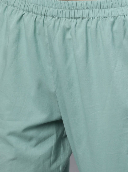 Women Sage Green Three-Quarter Sleeves Straight Kurta Palazzo With Dupatta | LASVINI - Redefining Indian Fashion with Elegance