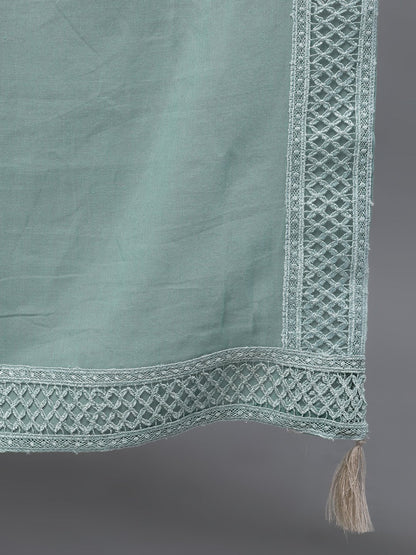 Women Sage Green Three-Quarter Sleeves Straight Kurta Palazzo With Dupatta | LASVINI - Redefining Indian Fashion with Elegance