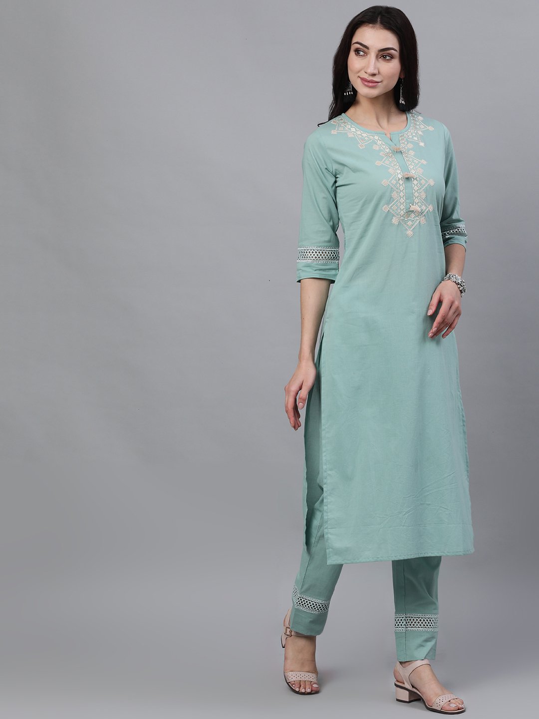 Women Sage Green Three-Quarter Sleeves Straight Kurta Palazzo With Dupatta | LASVINI - Redefining Indian Fashion with Elegance