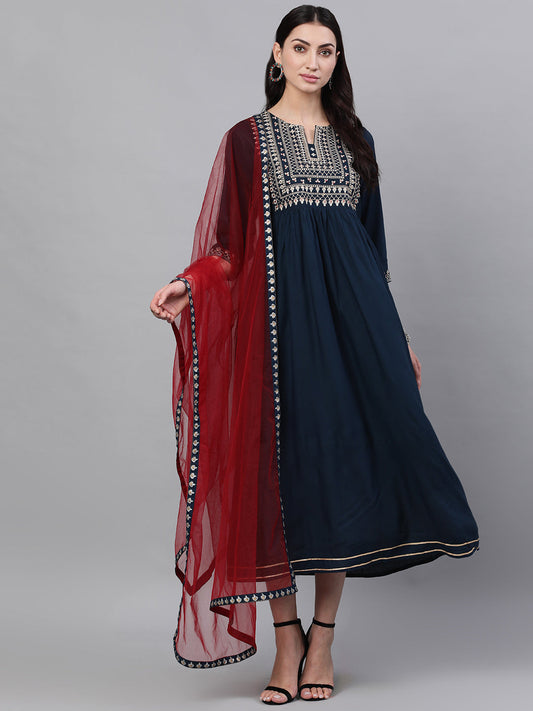 Women Navy Blue Solid Embroidered V-Neck Viscose Rayon Maxi Dress With Dupatta | LASVINI - Redefining Indian Fashion with Elegance
