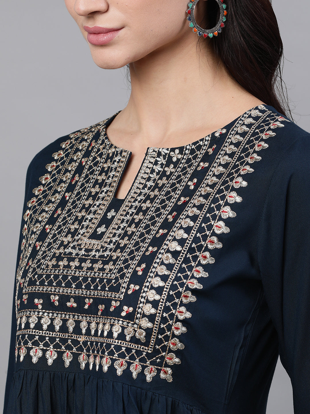 Women Navy Blue Solid Embroidered V-Neck Viscose Rayon Maxi Dress With Dupatta | LASVINI - Redefining Indian Fashion with Elegance