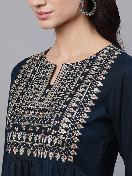 Women Navy Blue Solid Embroidered V-Neck Viscose Rayon Maxi Dress With Dupatta | LASVINI - Redefining Indian Fashion with Elegance