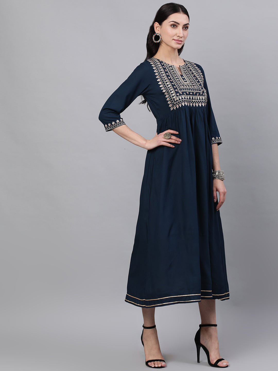 Women Navy Blue Solid Embroidered V-Neck Viscose Rayon Maxi Dress With Dupatta | LASVINI - Redefining Indian Fashion with Elegance