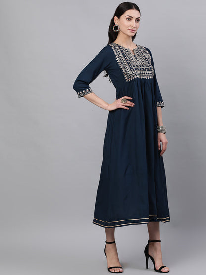Women Navy Blue Solid Embroidered V-Neck Viscose Rayon Maxi Dress With Dupatta | LASVINI - Redefining Indian Fashion with Elegance