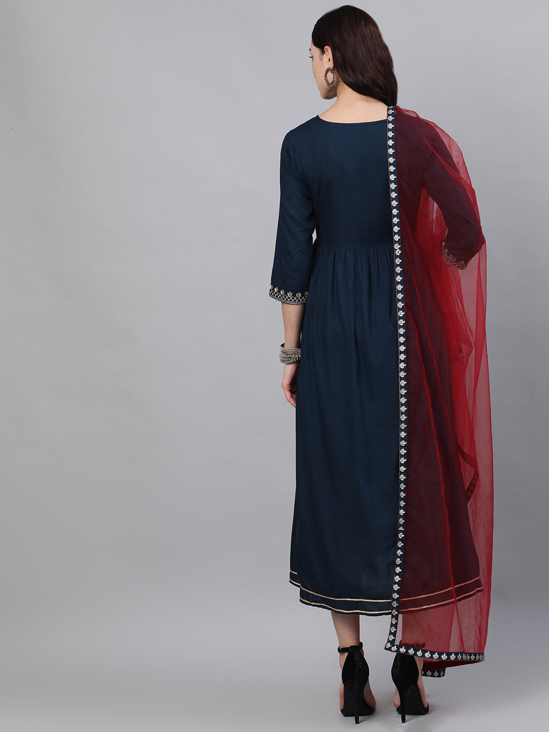 Women Navy Blue Solid Embroidered V-Neck Viscose Rayon Maxi Dress With Dupatta | LASVINI - Redefining Indian Fashion with Elegance