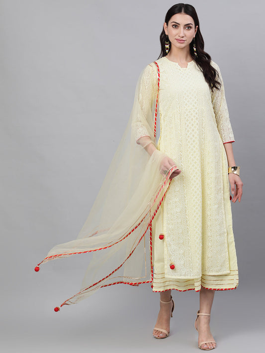 Women Lime Yellow Self Design Self Design V-Neck Polyester Maxi Dress With Dupatta | LASVINI - Redefining Indian Fashion with Elegance