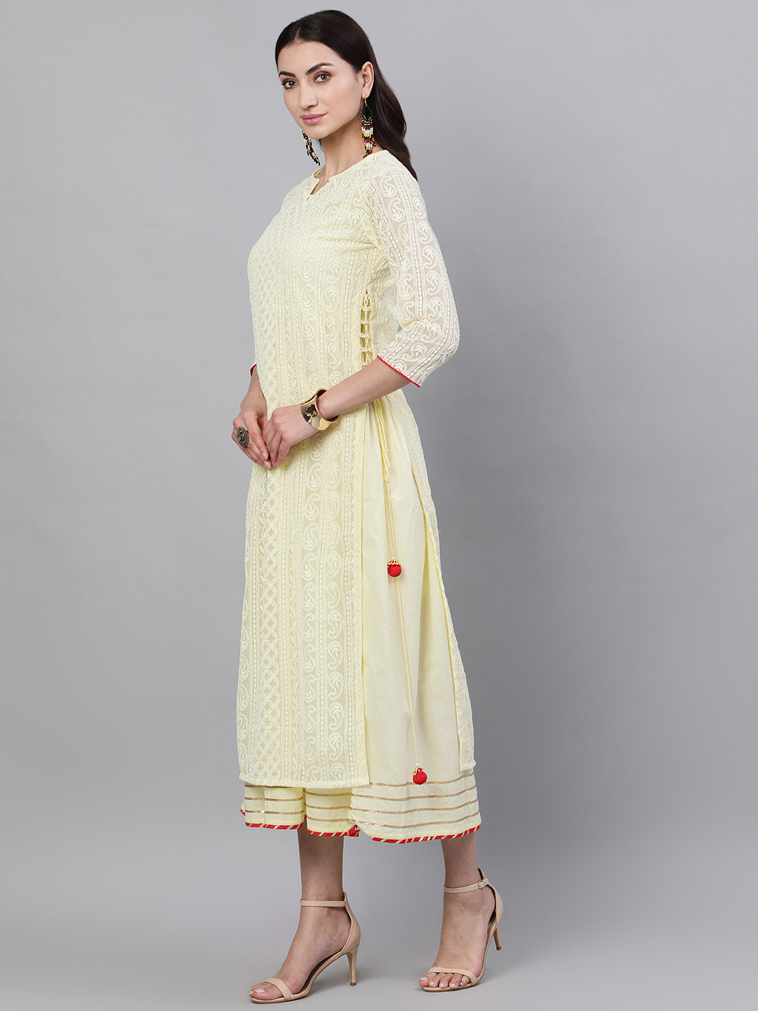 Women Lime Yellow Self Design Self Design V-Neck Polyester Maxi Dress With Dupatta | LASVINI - Redefining Indian Fashion with Elegance
