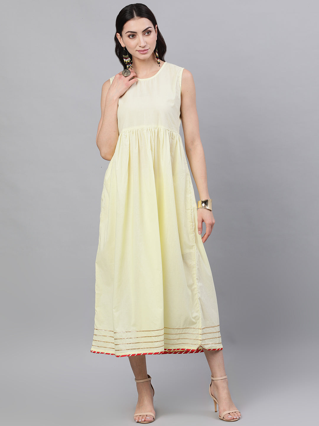 Women Lime Yellow Self Design Self Design V-Neck Polyester Maxi Dress With Dupatta | LASVINI - Redefining Indian Fashion with Elegance