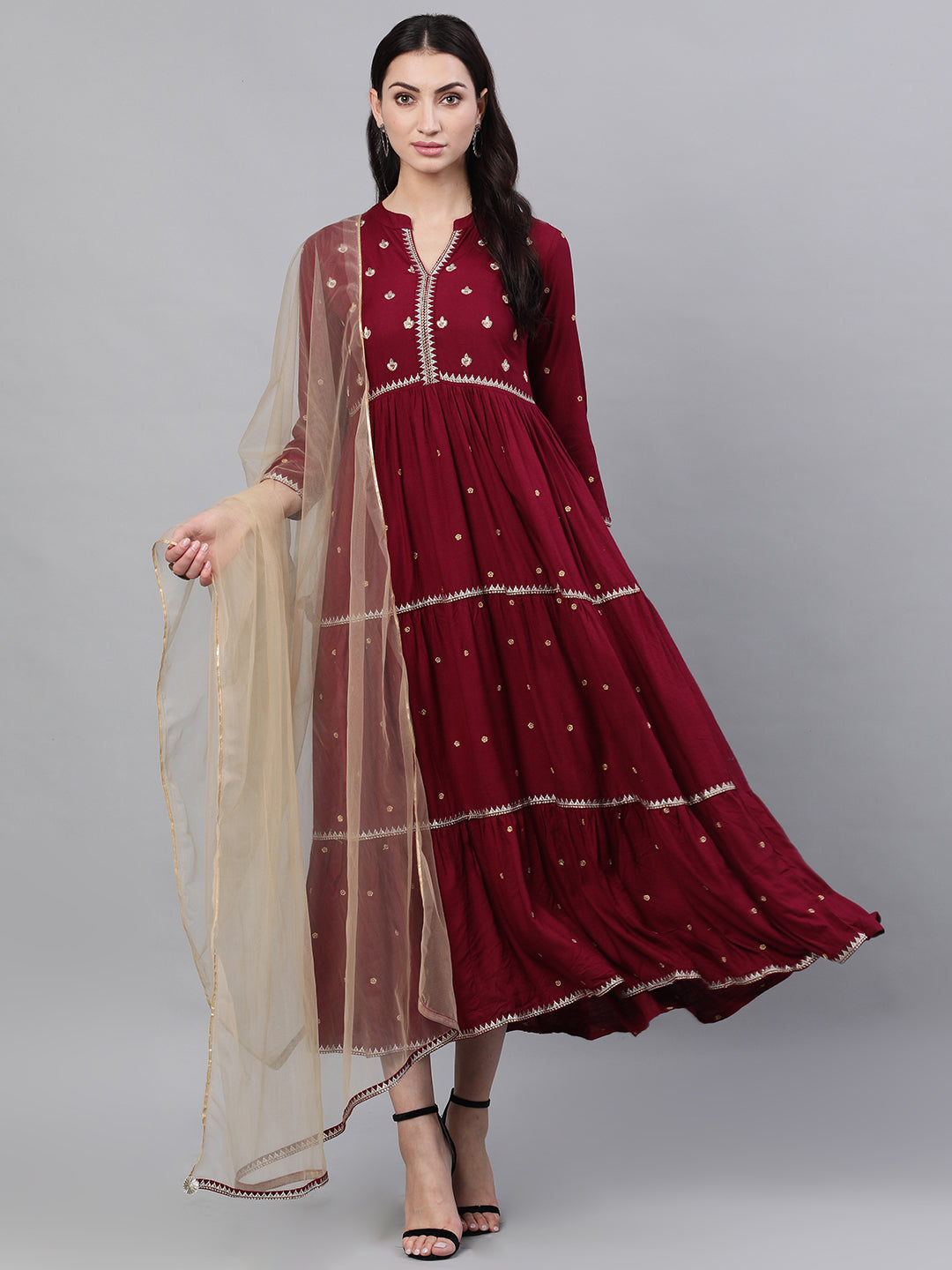 Women Maroon Solid Embroidered Mandarin Collar Viscose Rayon Maxi Dress With Dupatta | LASVINI - Redefining Indian Fashion with Elegance