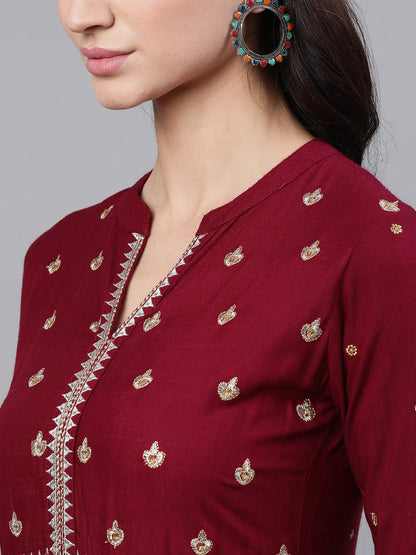 Women Maroon Solid Embroidered Mandarin Collar Viscose Rayon Maxi Dress With Dupatta | LASVINI - Redefining Indian Fashion with Elegance