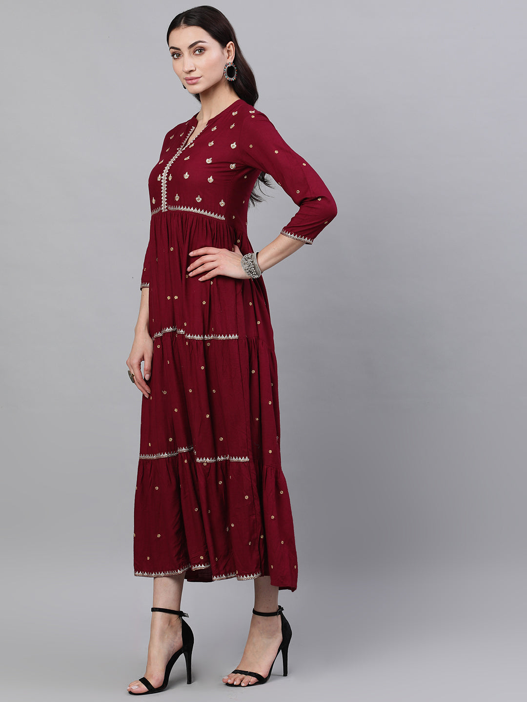 Women Maroon Solid Embroidered Mandarin Collar Viscose Rayon Maxi Dress With Dupatta | LASVINI - Redefining Indian Fashion with Elegance