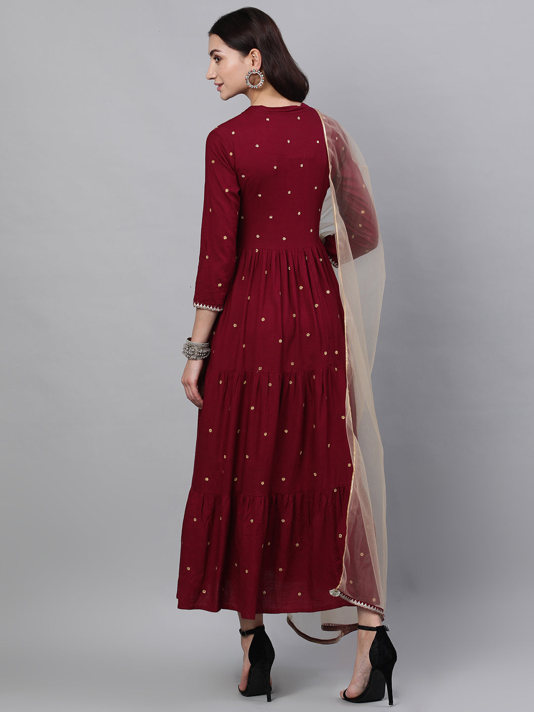Women Maroon Solid Embroidered Mandarin Collar Viscose Rayon Maxi Dress With Dupatta | LASVINI - Redefining Indian Fashion with Elegance