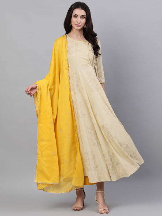 Women Beige Floral Printed Tie-Up Neck Viscose Rayon Maxi Dress With Dupatta | LASVINI - Redefining Indian Fashion with Elegance