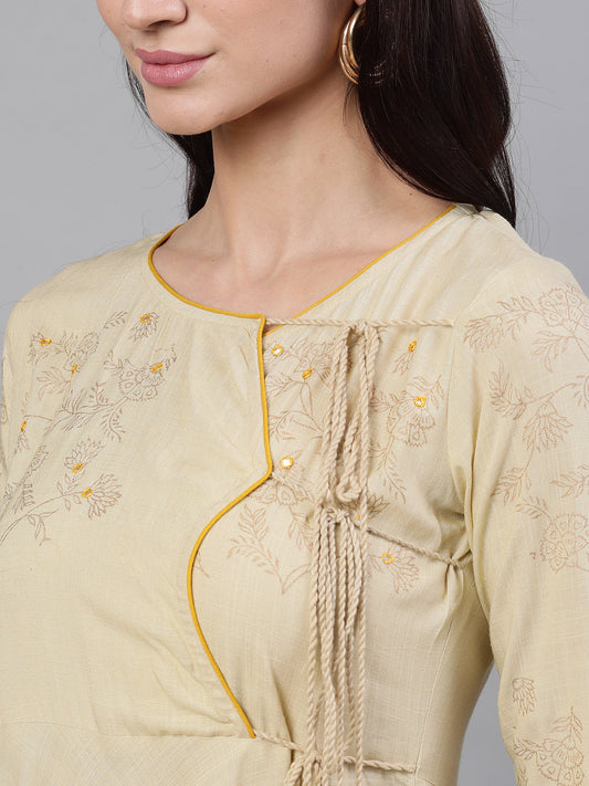 Women Beige Floral Printed Tie-Up Neck Viscose Rayon Maxi Dress With Dupatta | LASVINI - Redefining Indian Fashion with Elegance