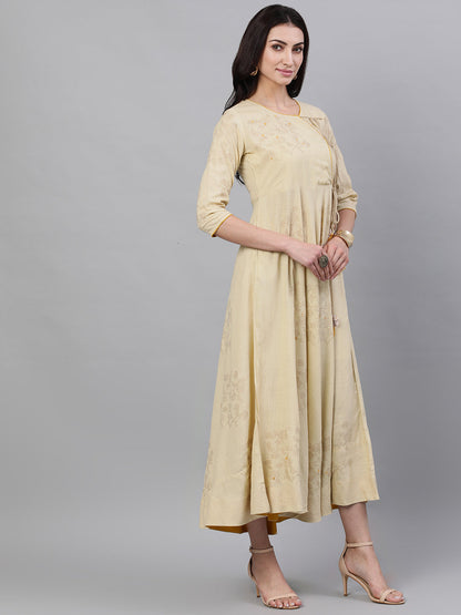 Women Beige Floral Printed Tie-Up Neck Viscose Rayon Maxi Dress With Dupatta | LASVINI - Redefining Indian Fashion with Elegance