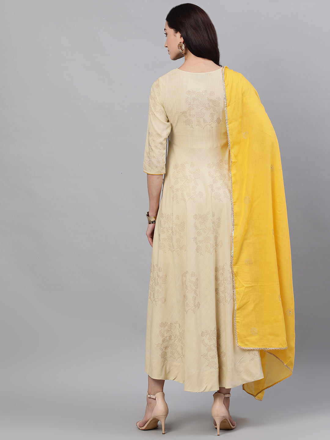 Women Beige Floral Printed Tie-Up Neck Viscose Rayon Maxi Dress With Dupatta | LASVINI - Redefining Indian Fashion with Elegance