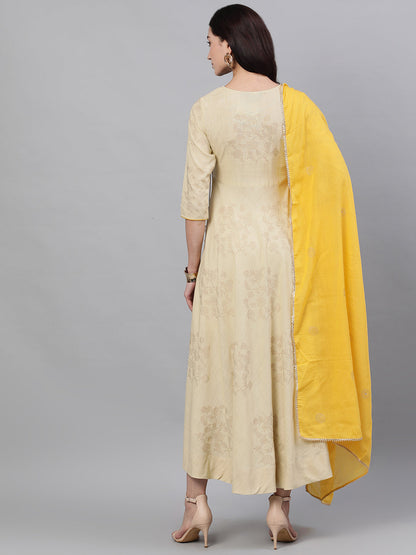 Women Beige Floral Printed Tie-Up Neck Viscose Rayon Maxi Dress With Dupatta | LASVINI - Redefining Indian Fashion with Elegance