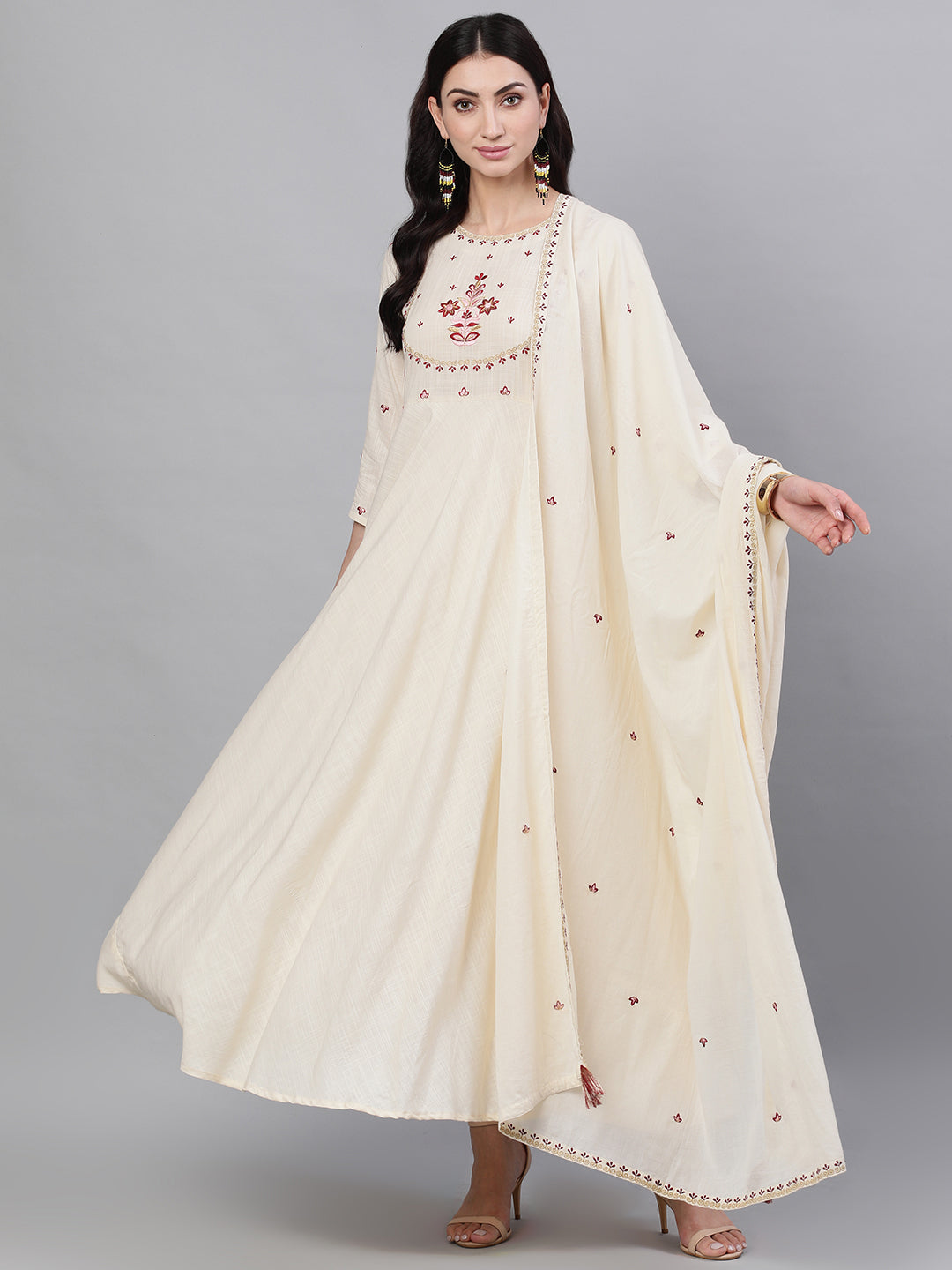 Women Off White Solid Solid Round Neck Viscose Rayon Maxi Dress With Dupatta | LASVINI - Redefining Indian Fashion with Elegance