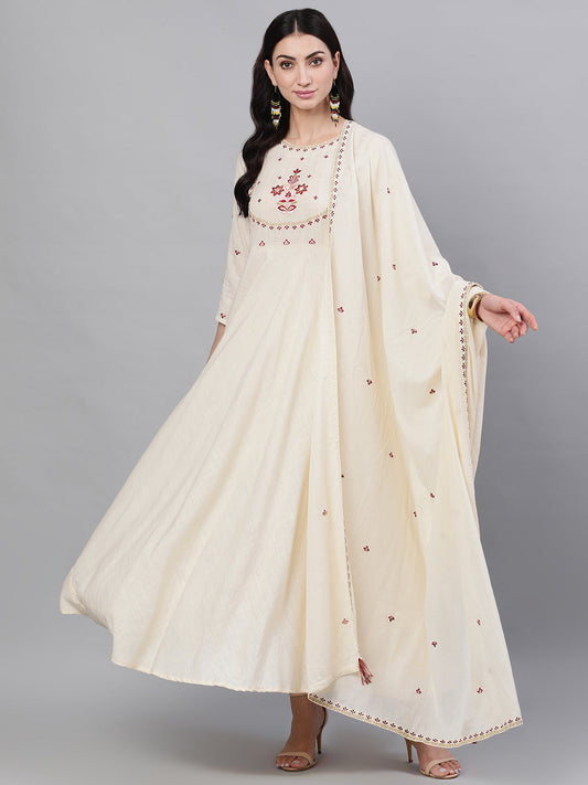 Women Off White Solid Solid Round Neck Viscose Rayon Maxi Dress With Dupatta | LASVINI - Redefining Indian Fashion with Elegance