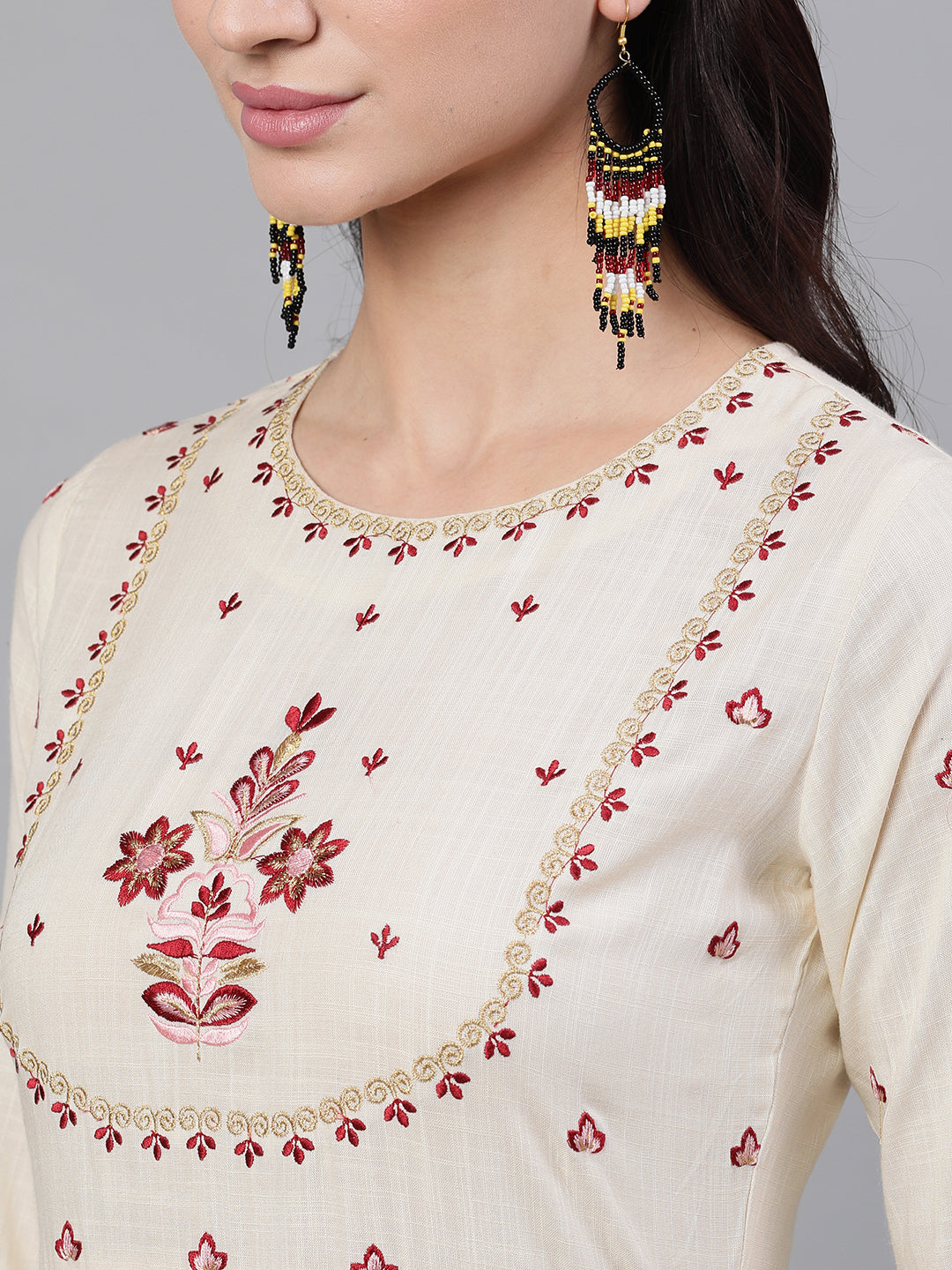 Women Off White Solid Solid Round Neck Viscose Rayon Maxi Dress With Dupatta | LASVINI - Redefining Indian Fashion with Elegance