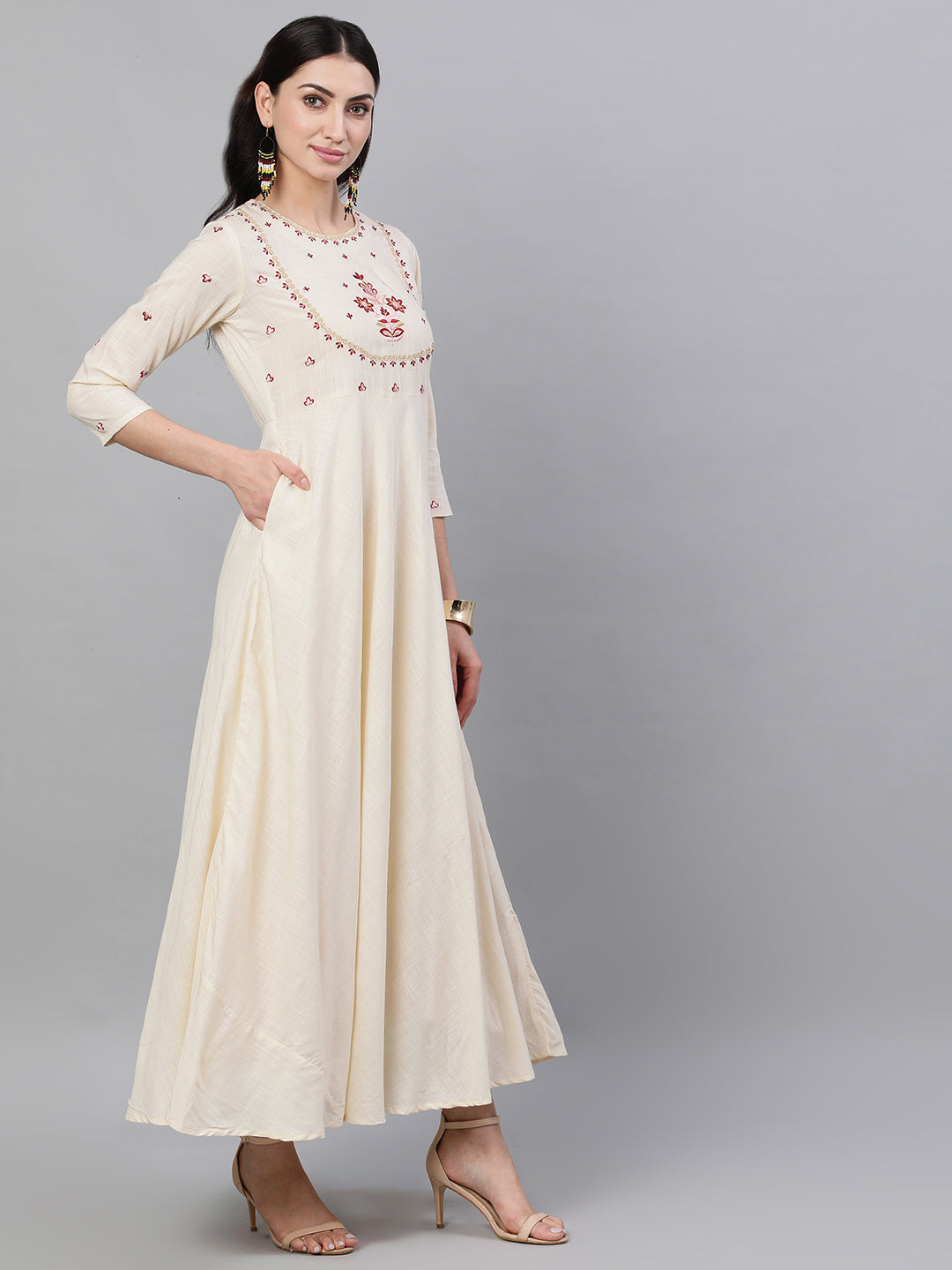 Women Off White Solid Solid Round Neck Viscose Rayon Maxi Dress With Dupatta | LASVINI - Redefining Indian Fashion with Elegance