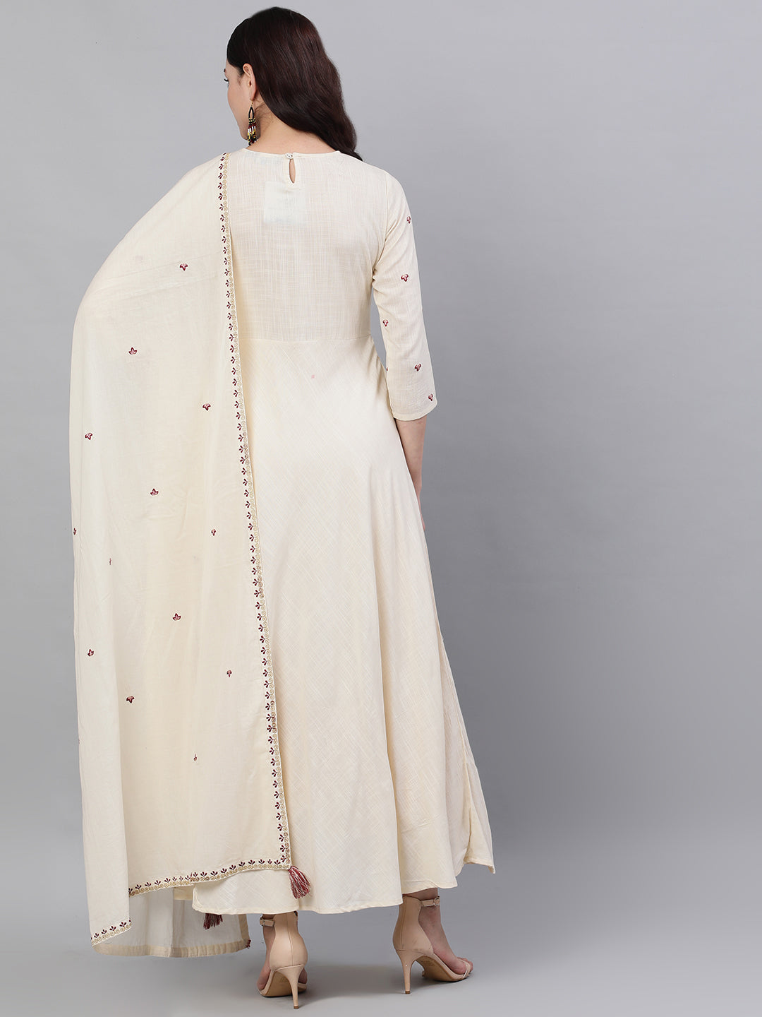 Women Off White Solid Solid Round Neck Viscose Rayon Maxi Dress With Dupatta | LASVINI - Redefining Indian Fashion with Elegance