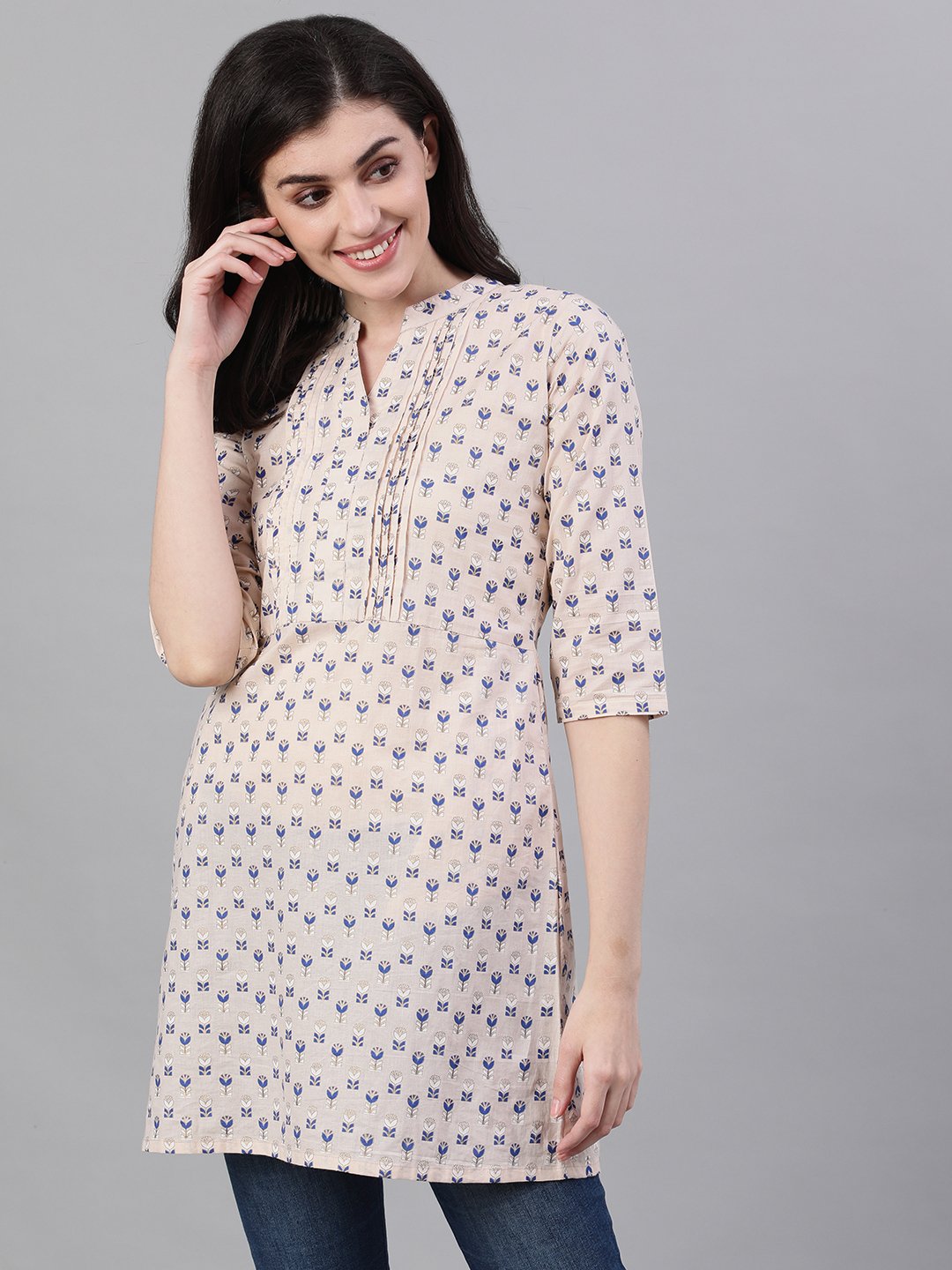 Women Beige And Blue Pin-Tuck Tunic | LASVINI - Redefining Indian Fashion with Elegance