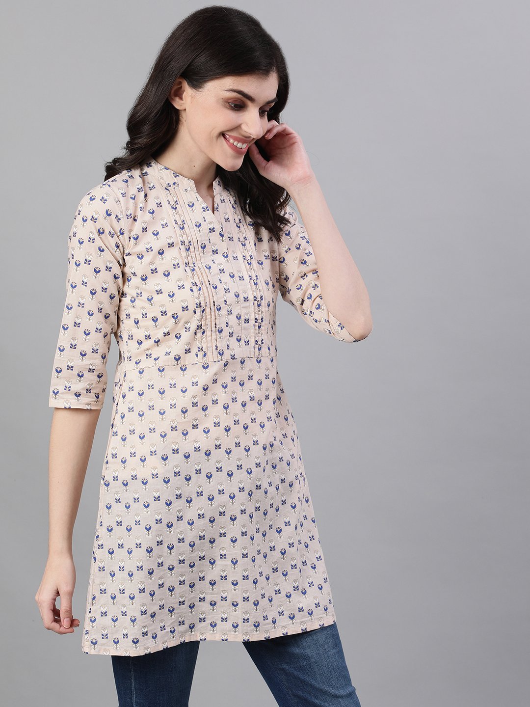 Women Beige And Blue Pin-Tuck Tunic | LASVINI - Redefining Indian Fashion with Elegance