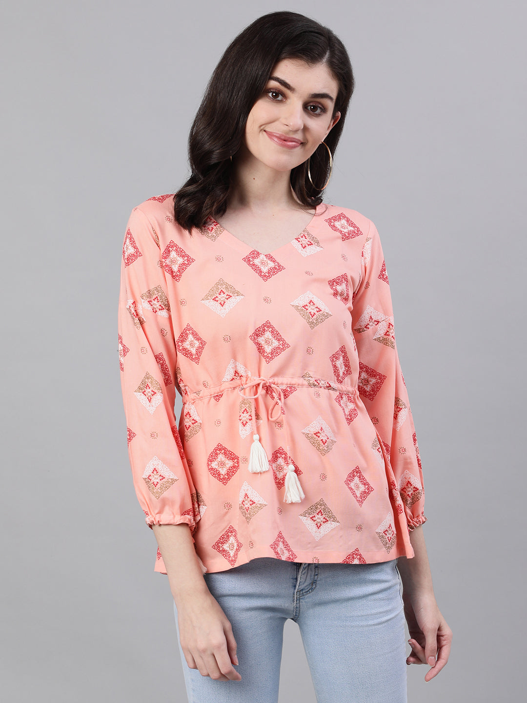 Women Peach Three-Quarter Sleeves Waist Tie-Ups Top | LASVINI - Redefining Indian Fashion with Elegance