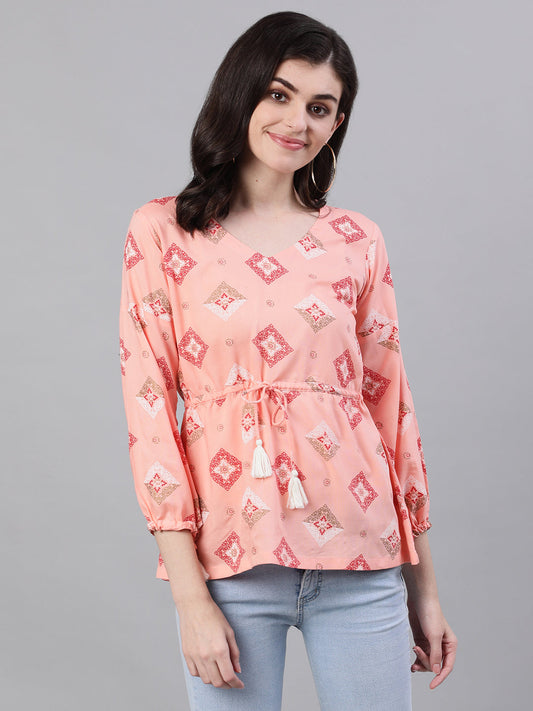 Women Peach Three-Quarter Sleeves Waist Tie-Ups Top | LASVINI - Redefining Indian Fashion with Elegance
