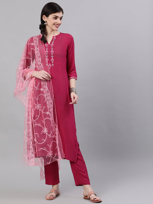 Women Burgundy Three-Quarter Sleeves Straight Kurta Palazzo With Dupatta | LASVINI - Redefining Indian Fashion with Elegance