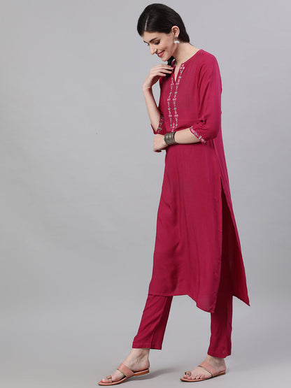 Women Burgundy Three-Quarter Sleeves Straight Kurta Palazzo With Dupatta | LASVINI - Redefining Indian Fashion with Elegance