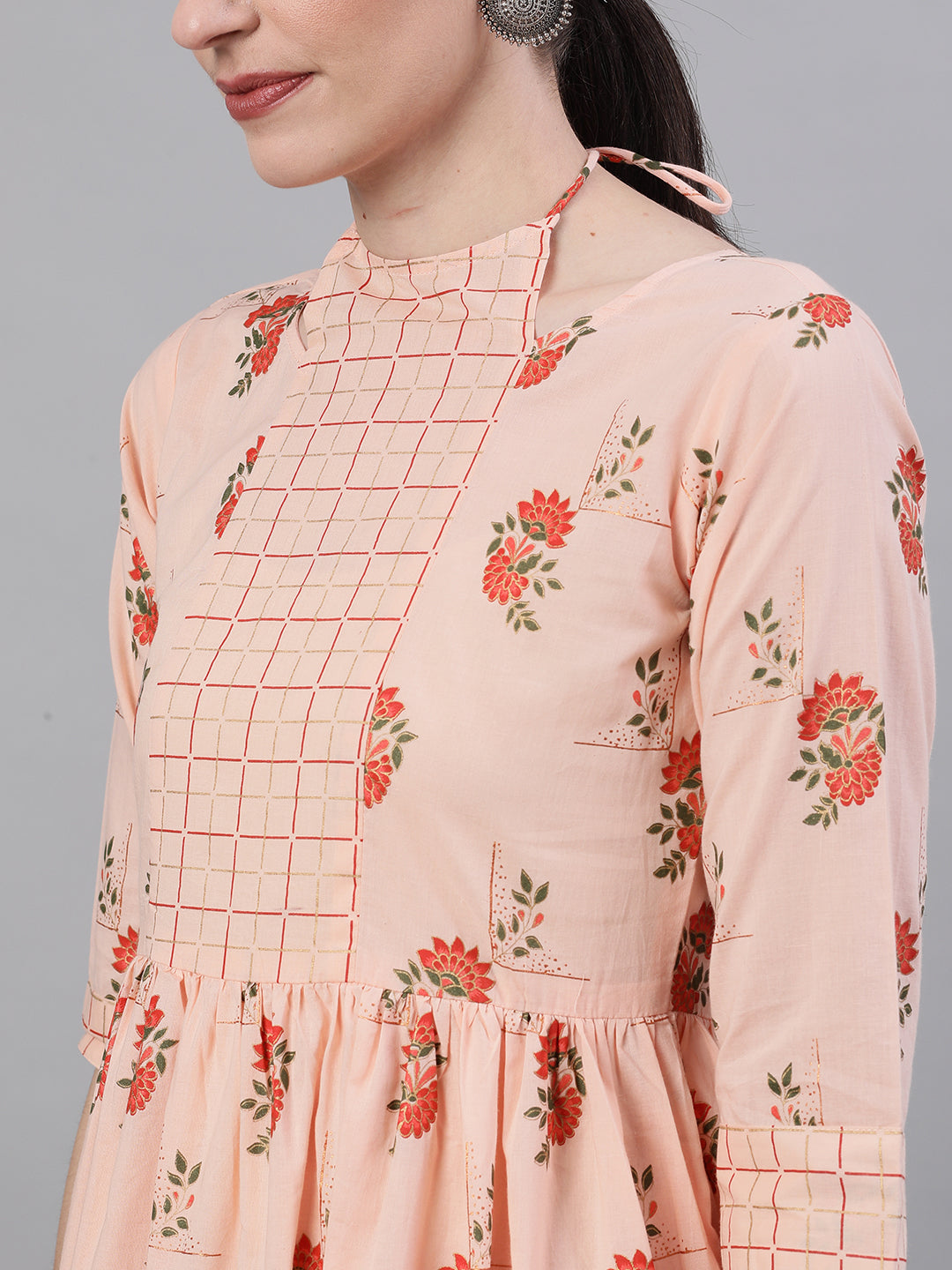 Women Peach Three-Quarter Sleeves Flared Kurta With Palazzo | LASVINI - Redefining Indian Fashion with Elegance