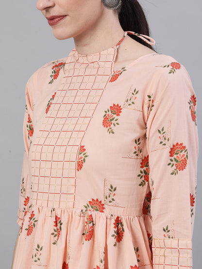 Women Peach Three-Quarter Sleeves Flared Kurta With Palazzo | LASVINI - Redefining Indian Fashion with Elegance