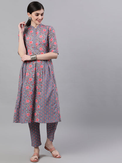 Women Grey Three-Quarter Sleeves Flared Kurta With Palazzo | LASVINI - Redefining Indian Fashion with Elegance